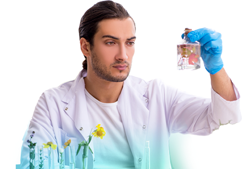 A man wearing medical gloves evaluating a fragrance bottle containing leaves